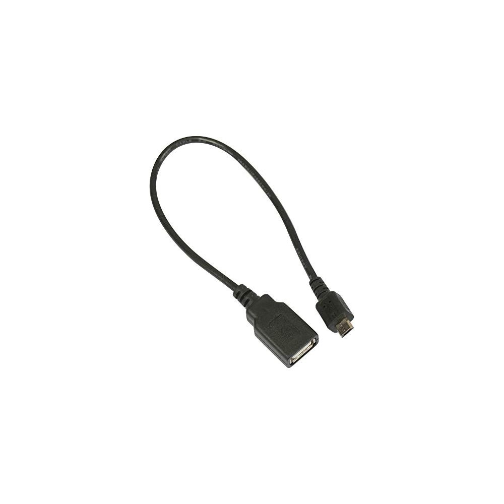 Czarny kabel USB OTG ze standardowym portem USB-A i złączem micro USB.