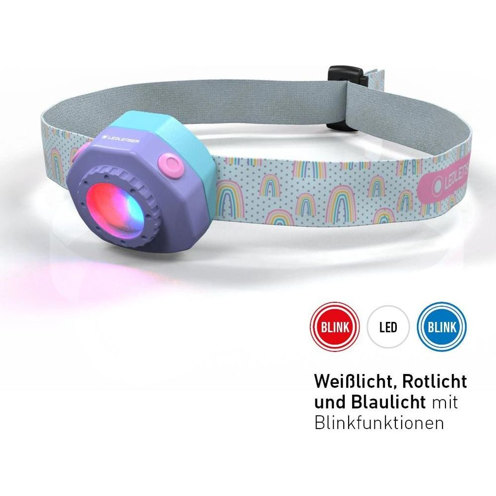 Stirnlampe mit bunten Regenbogenmuster, lila und blauem Gehäuse.