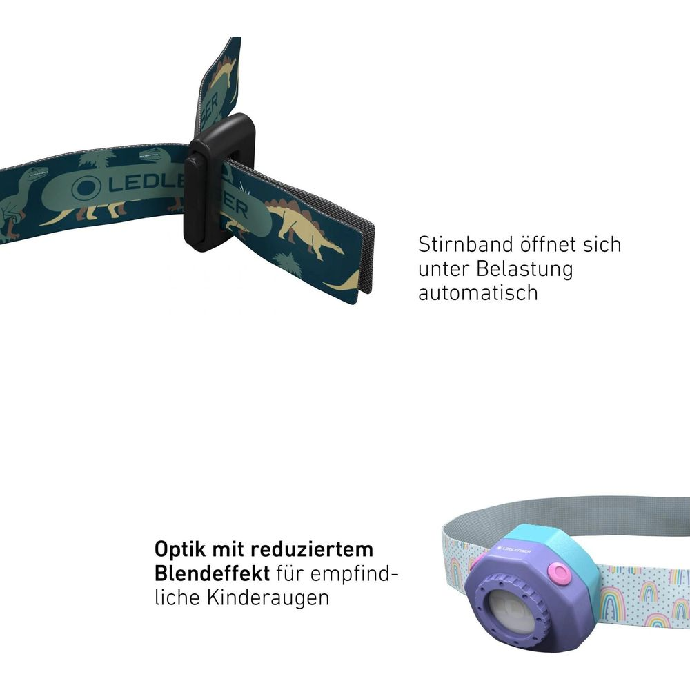 Stirnlampe mit Dinosaurier-Muster und Regenbogen-Design.