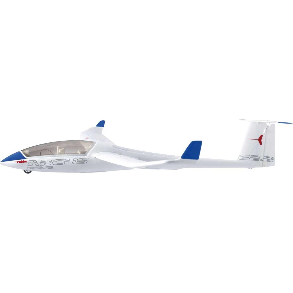 Un avion modèle blanc avec des accents bleus, étiqueté 'Arcus E2.2'.