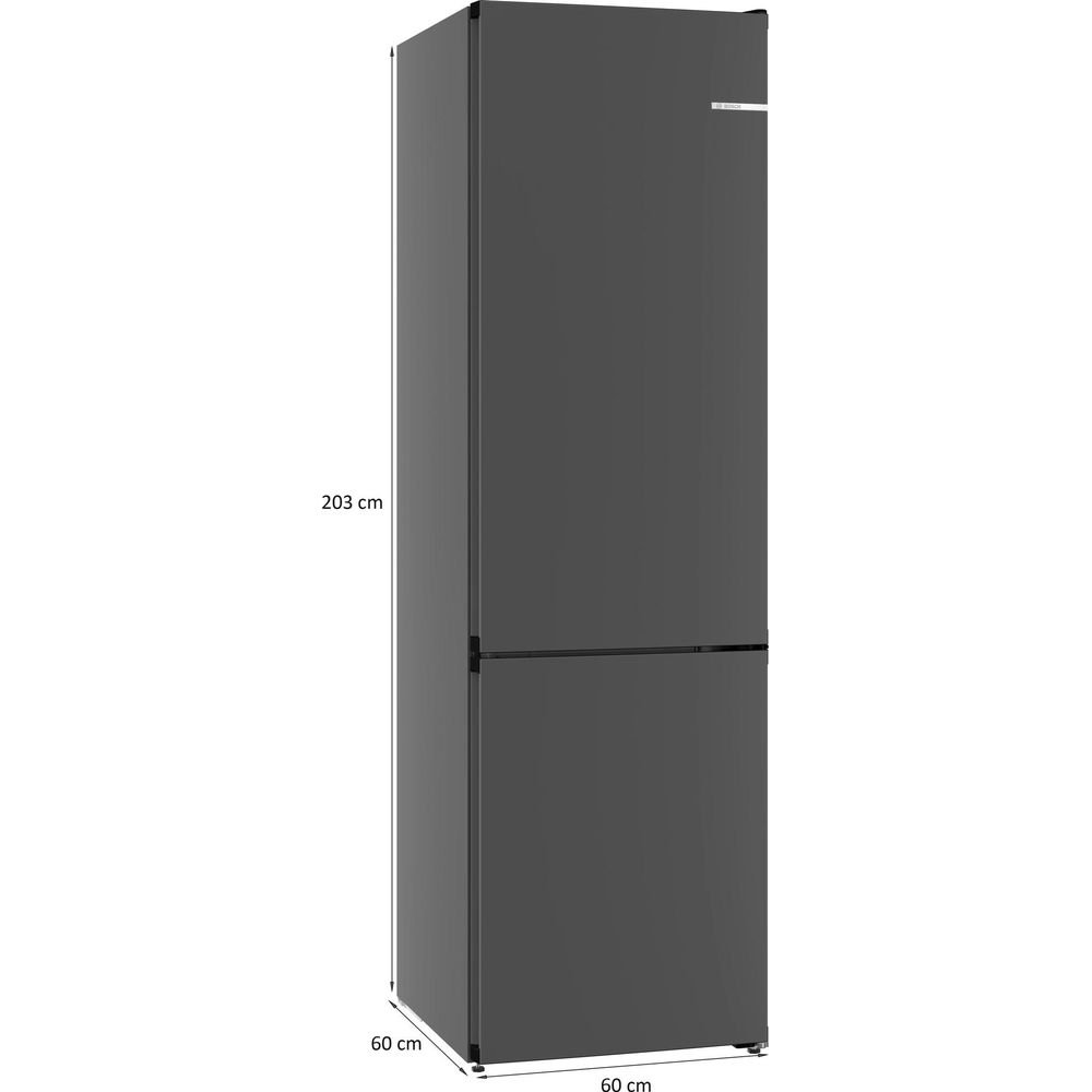 Ein dunkler Kühlschrank mit zwei Türen und Maßangaben.