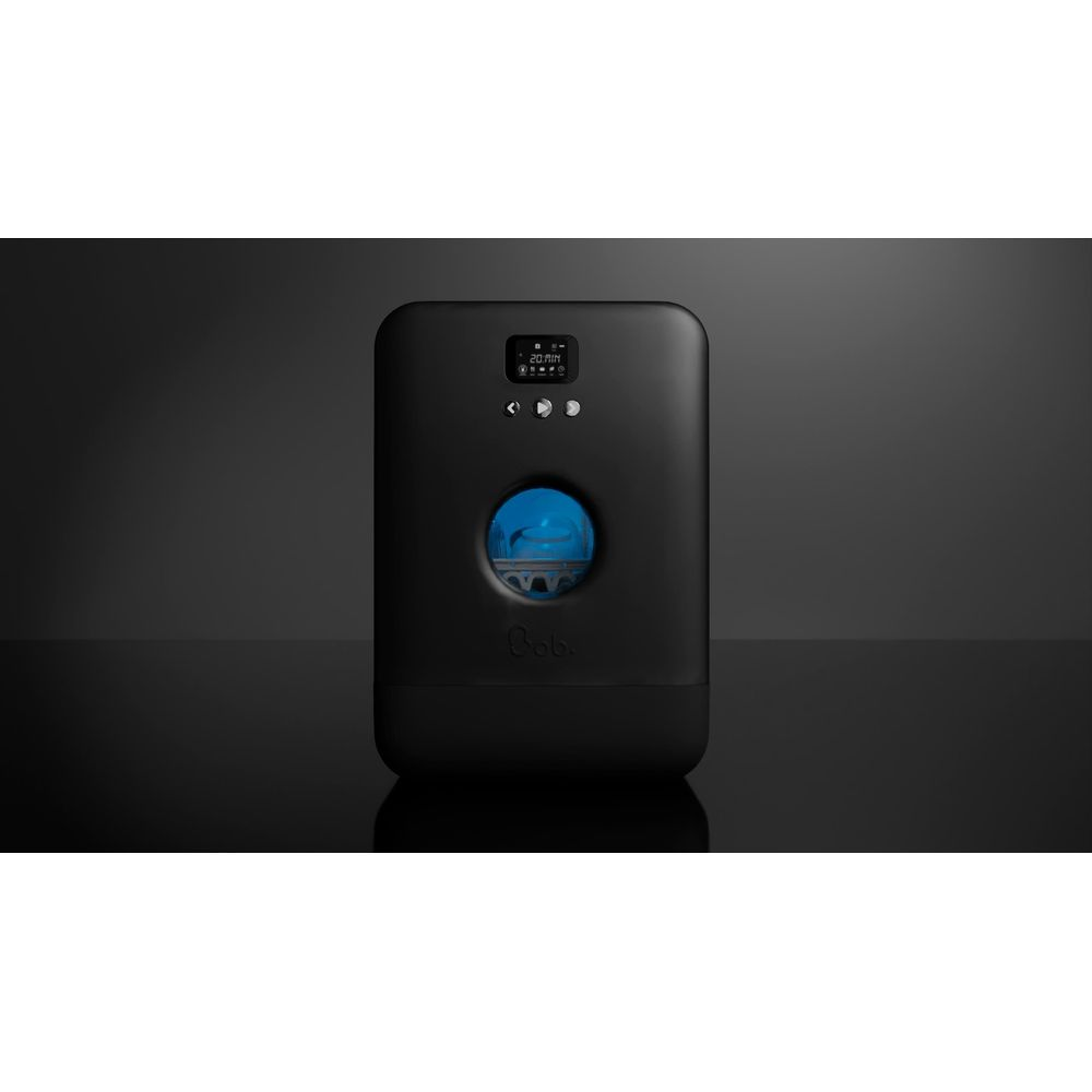 Apparecchio nero con finestra blu e display che mostra un timer.