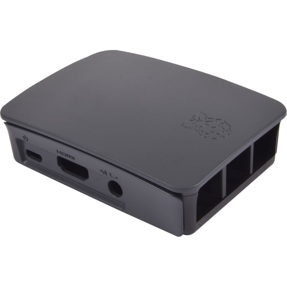 Una carcasa negra de Raspberry Pi con puertos HDMI y USB.