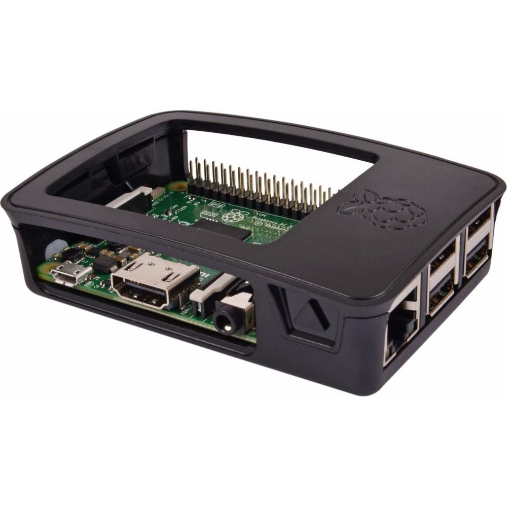 Carcasa negra Raspberry Pi con placa de circuito visible, puertos y pines.