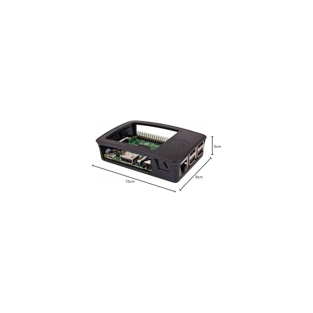 Una carcasa negra para Raspberry Pi con la tapa abierta, mostrando componentes.