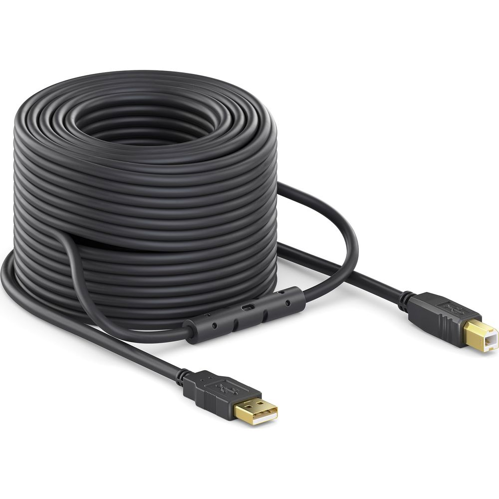 Un cavo USB nero arrotolato con connettori placcati oro su sfondo bianco.
