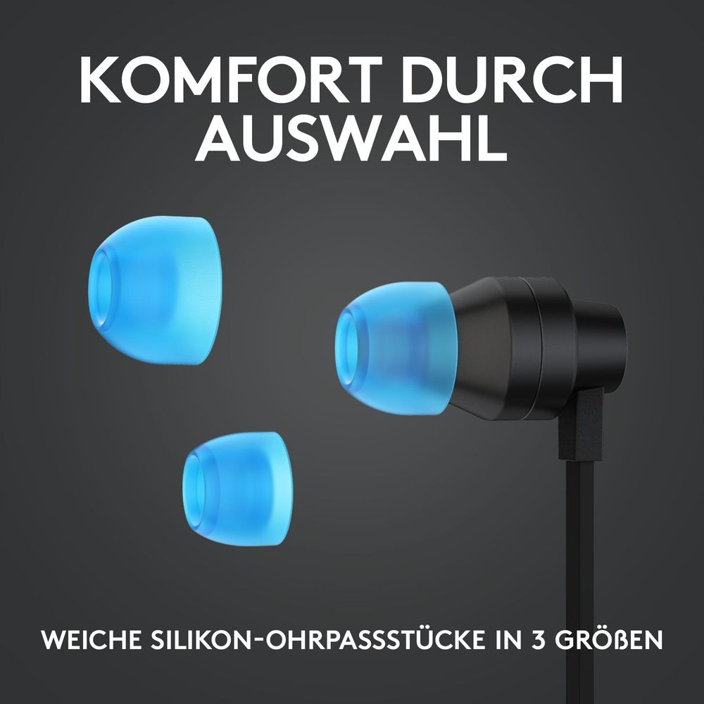 Three blue ear tips, one on a black earbud, on a gray background.