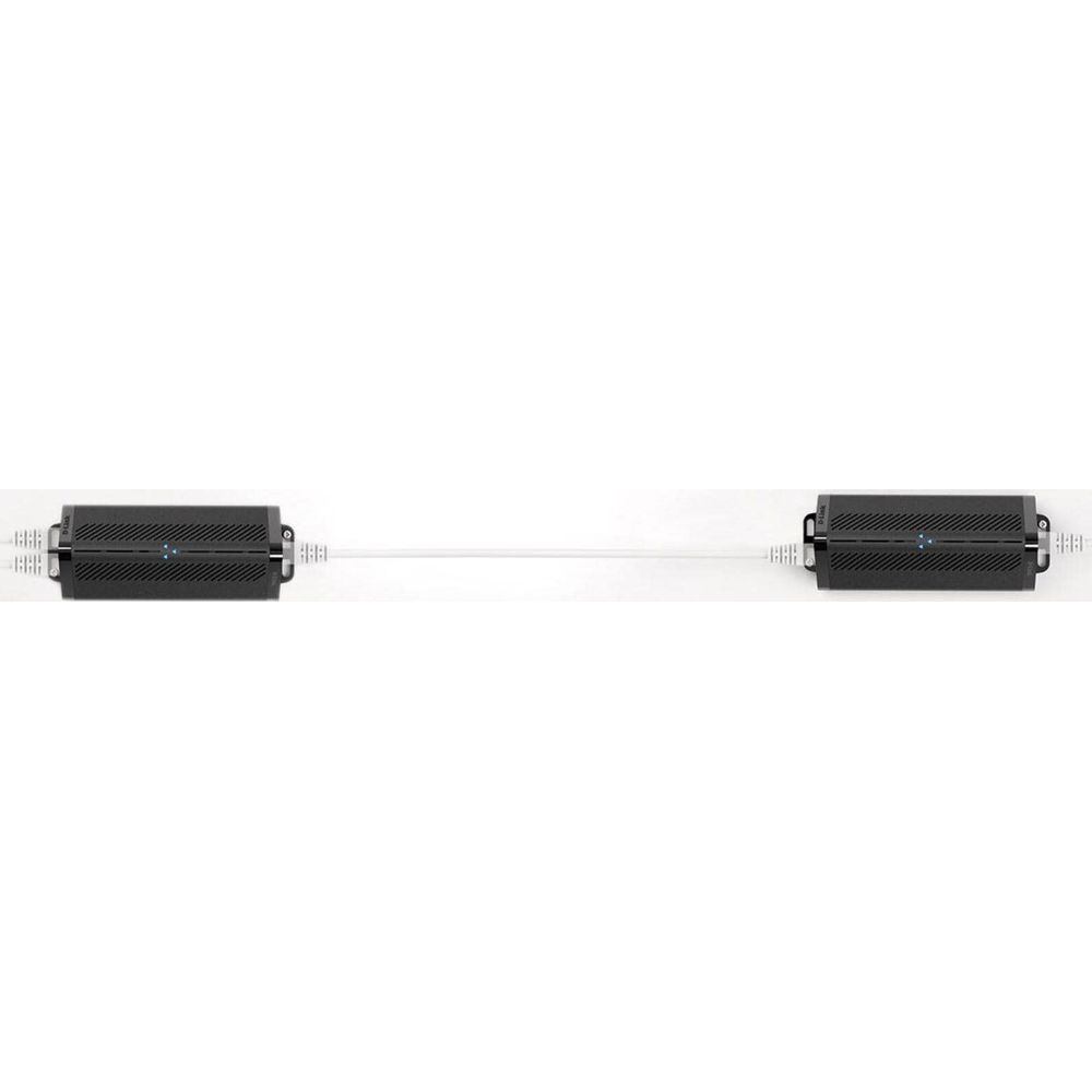 Deux modules électroniques noirs reliés par un fin câble blanc sur fond blanc.