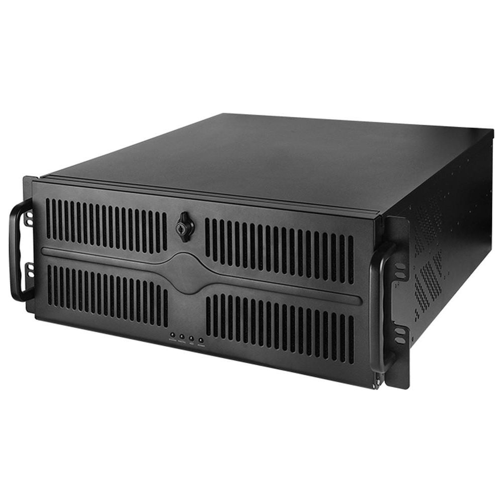 Un telaio rack nero con fessure di ventilazione e maniglie.