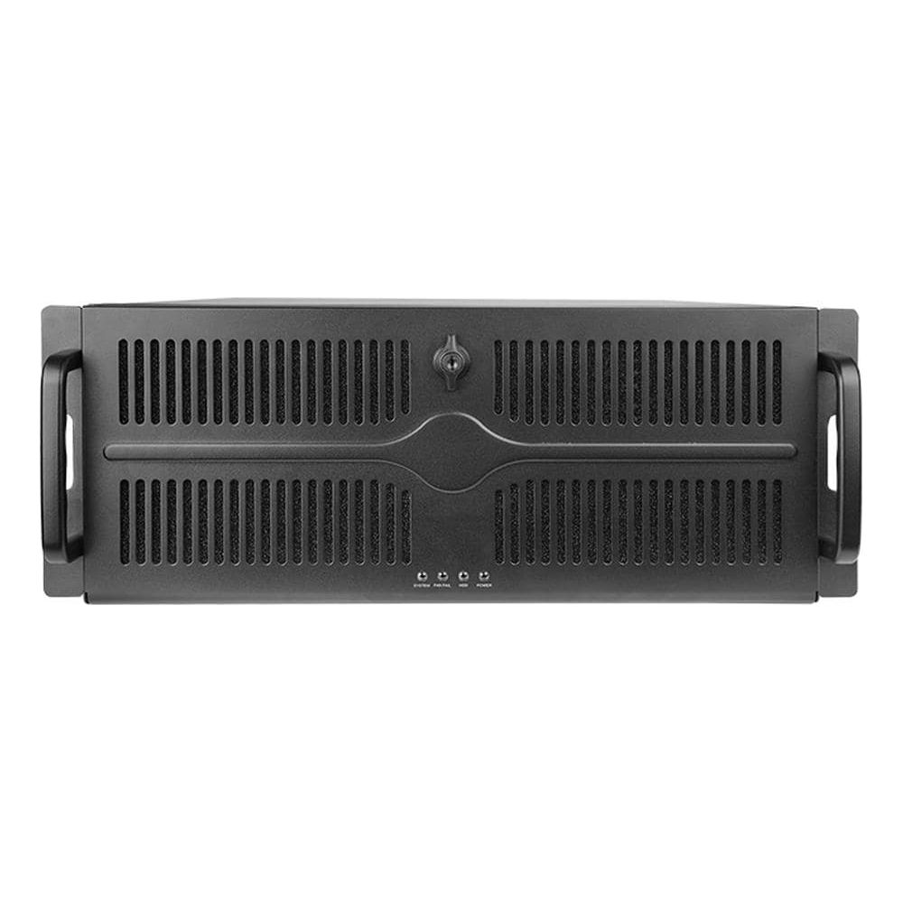 Un telaio rack nero con maniglie e fessure di ventilazione.