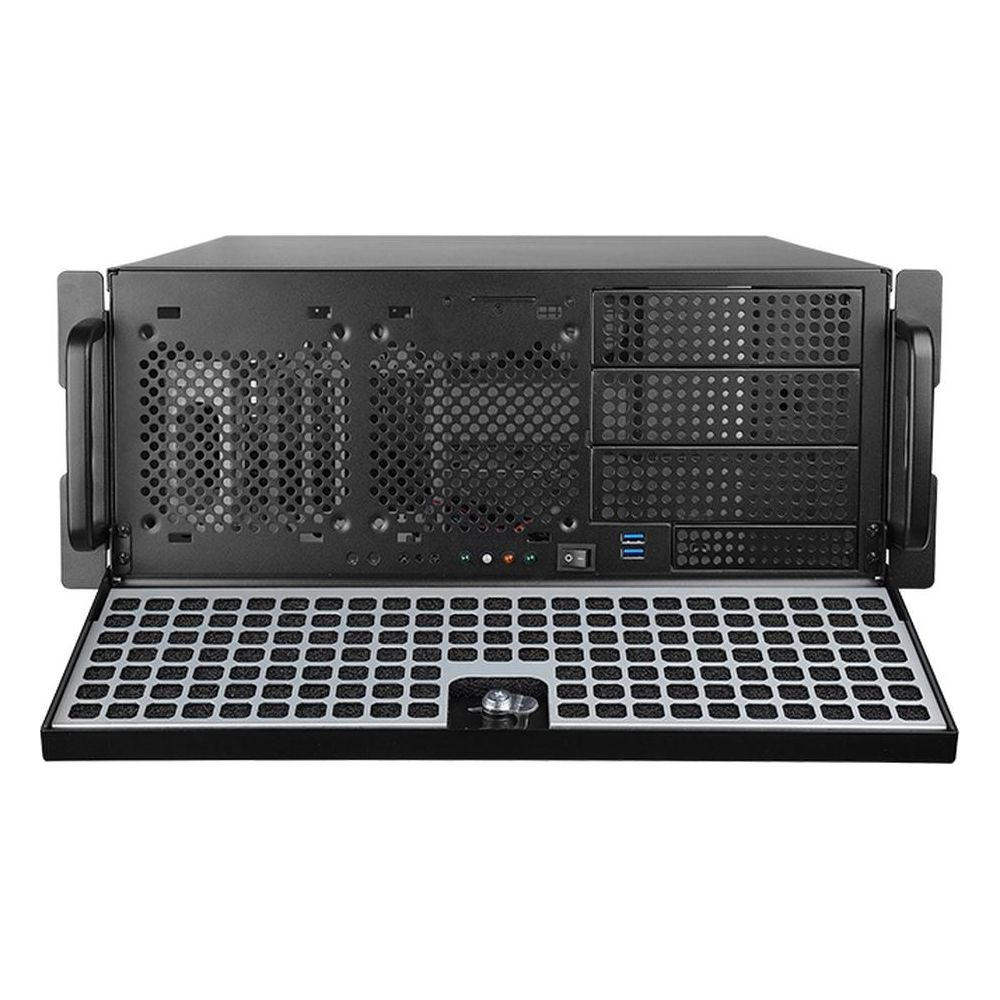 Un telaio server rack nero con maniglie, pannello frontale aperto che mostra prese d'aria e alloggiamenti.
