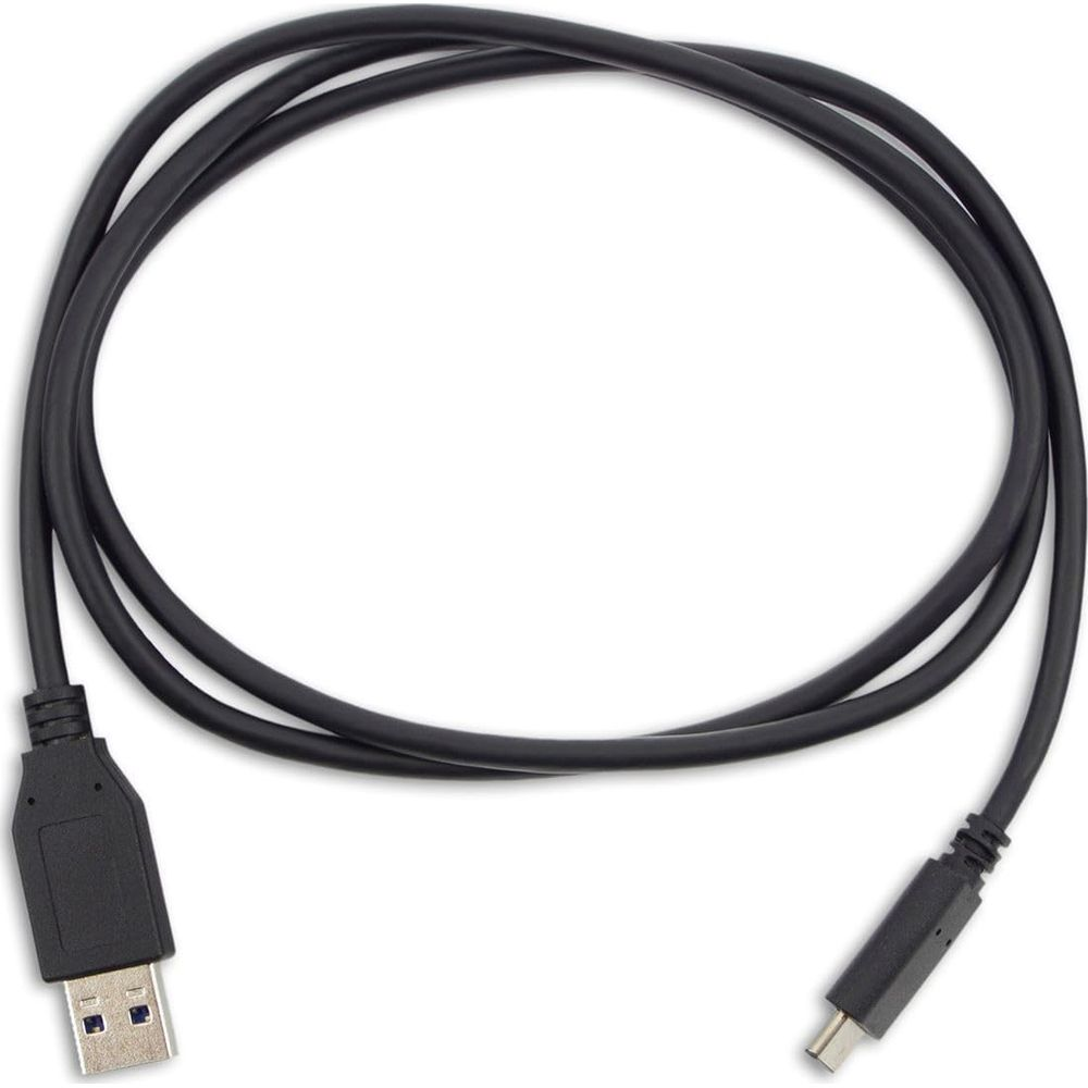 Un cavo USB nero con connettori Type-A e Micro-USB, su sfondo bianco.