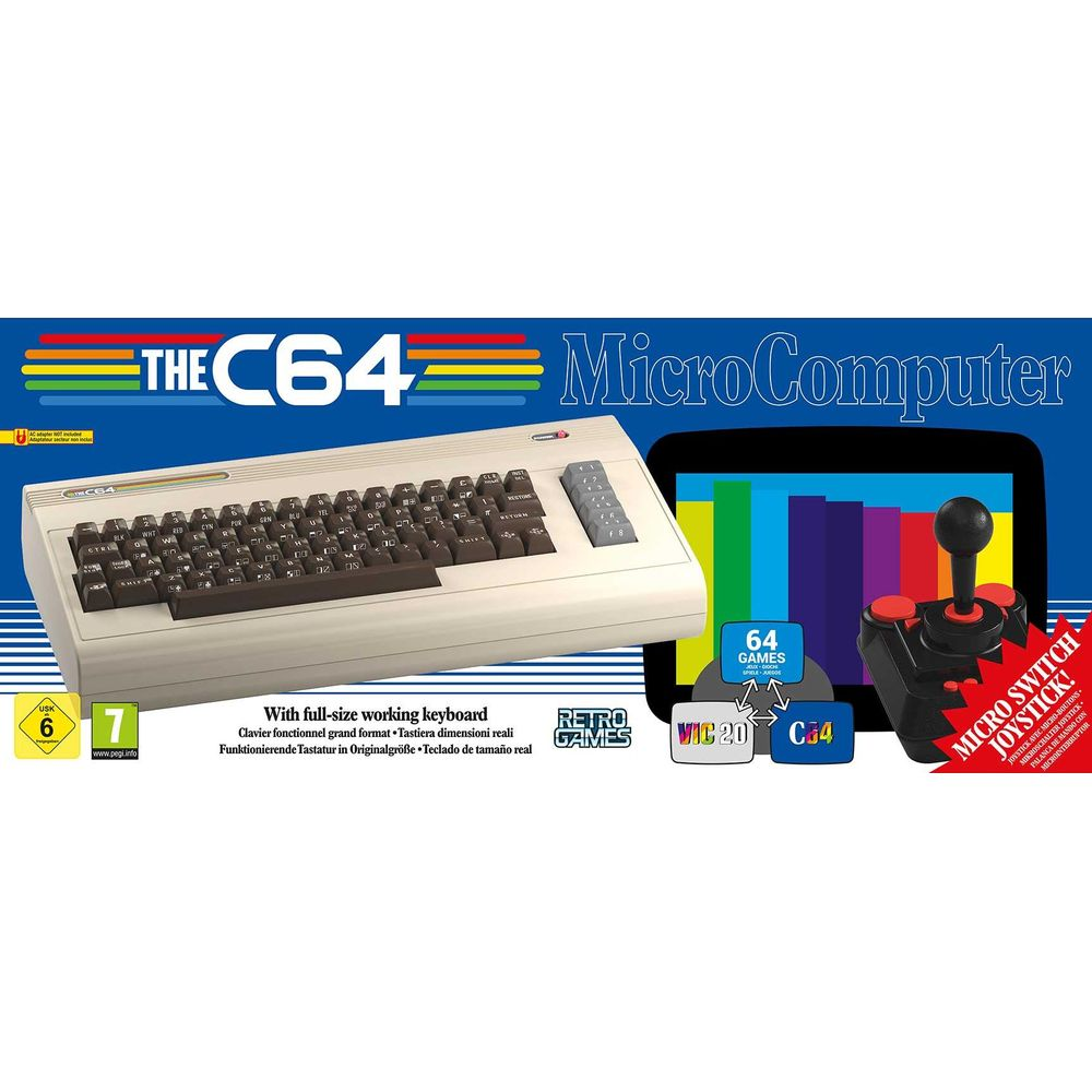 Der C64 Micro Computer mit Tastatur, Joystick und 64 Spielen.