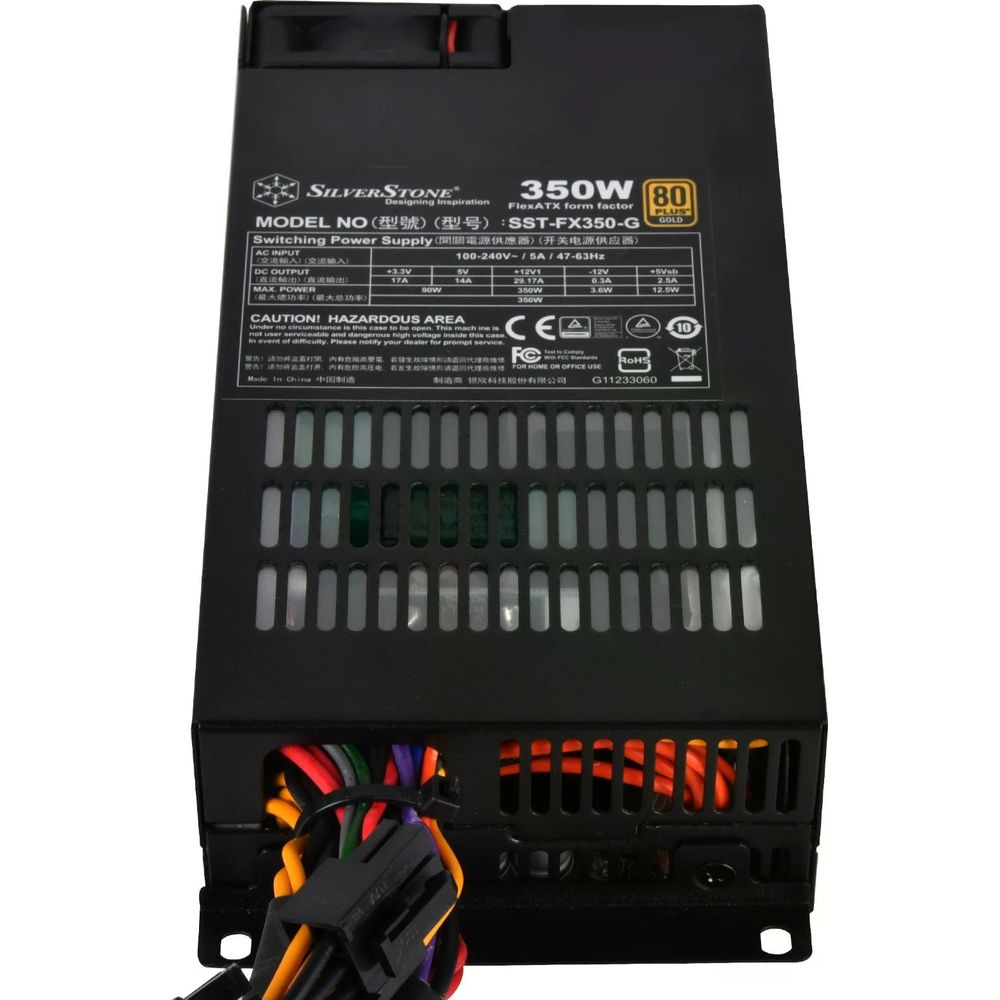 Una fuente de alimentación plateada de 350W, modelo SST-FX350-G, con muchos cables.
