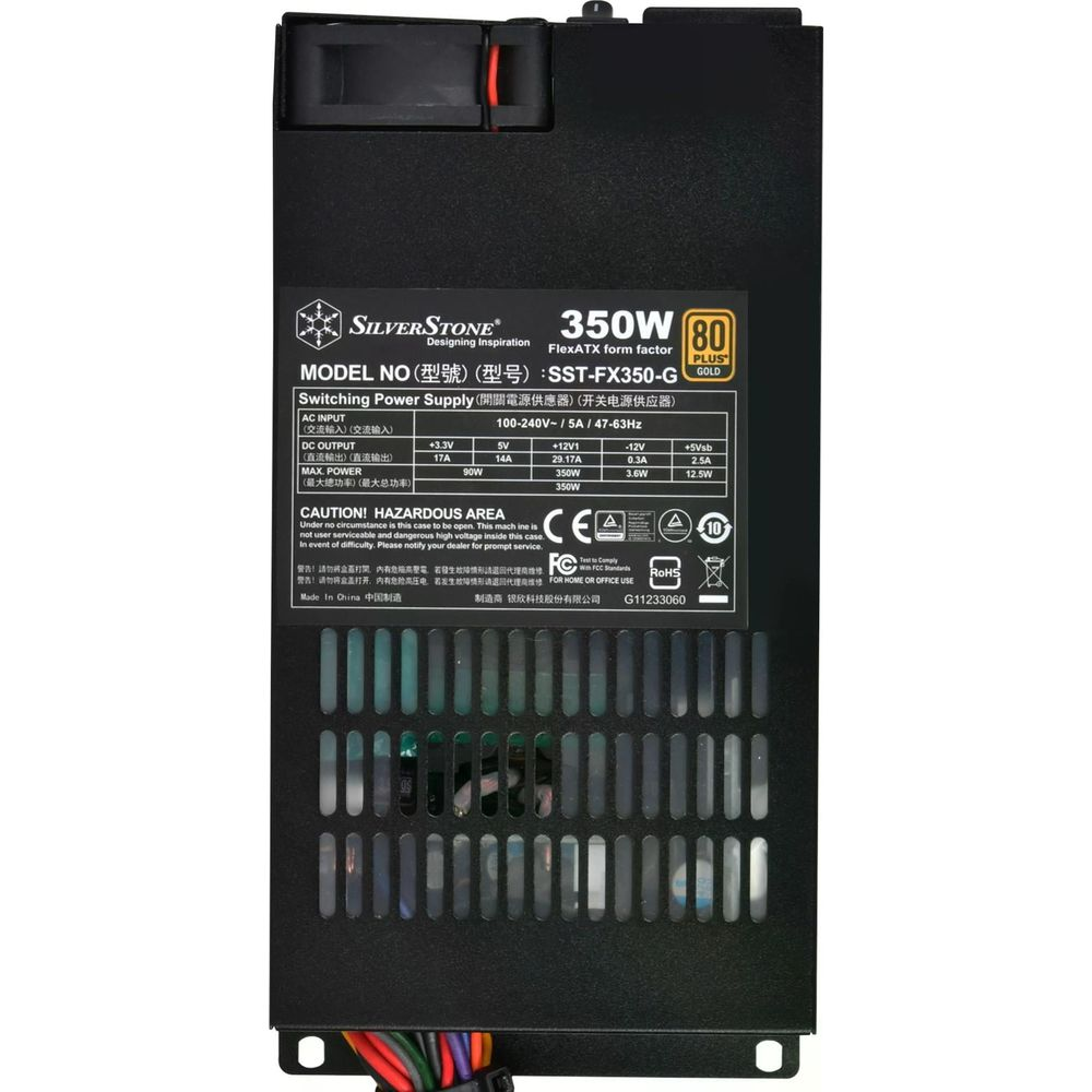 Fuente de alimentación SilverStone 350W FlexATX con especificaciones y advertencias.