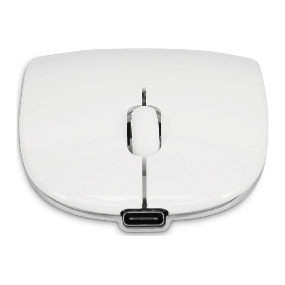 Biała mysz komputerowa z portem USB-C i kółkiem przewijania.