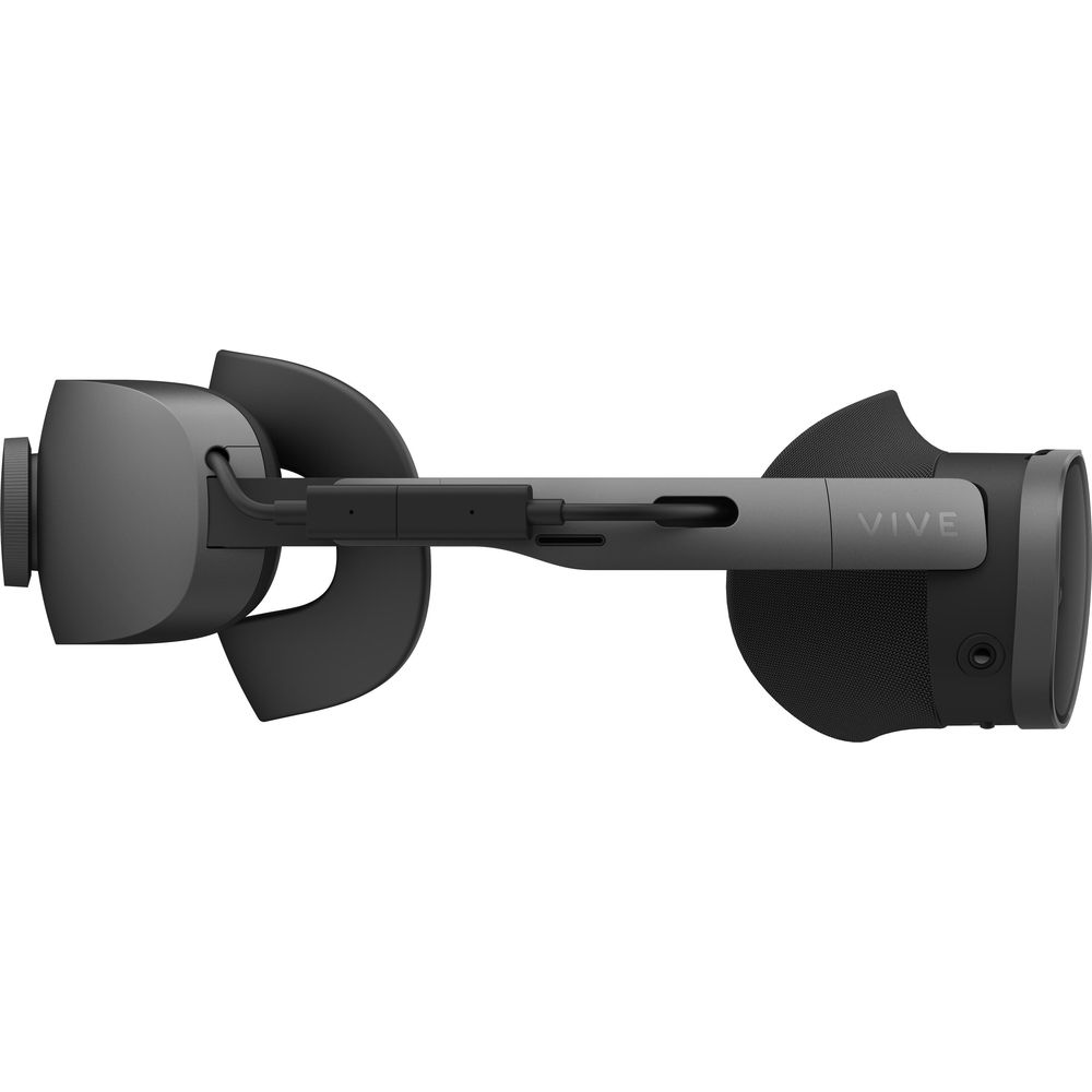 Graue VR-Brille von Vive mit schwarzem Kopfbügel, von der Seite gesehen.