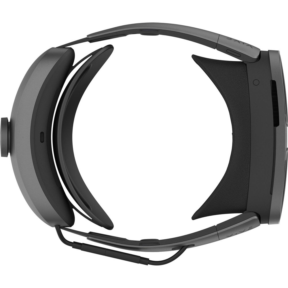 Graue VR-Brille im Profil, mit gepolstertem Kopfteil und Riemen.