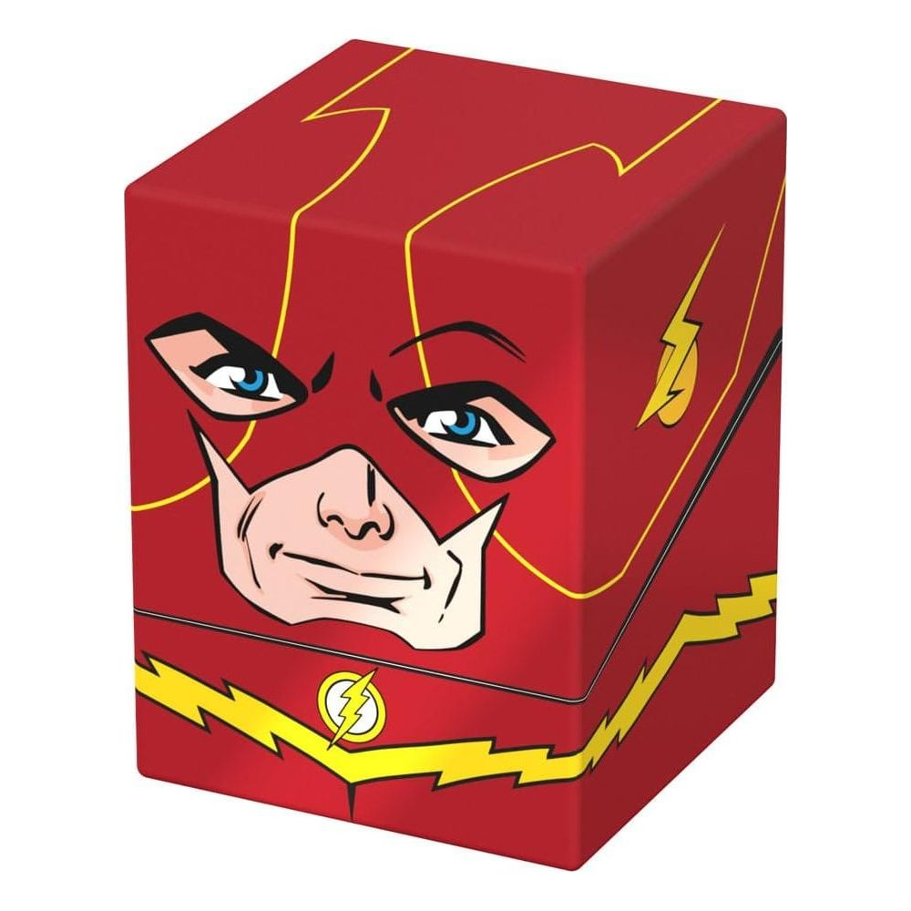 Un cube rouge représentant le visage de Flash et des éclairs jaunes.