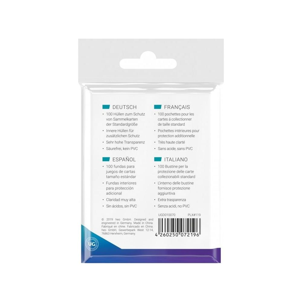 Emballage avec informations produit multilingues pour pochettes de protection cartes.