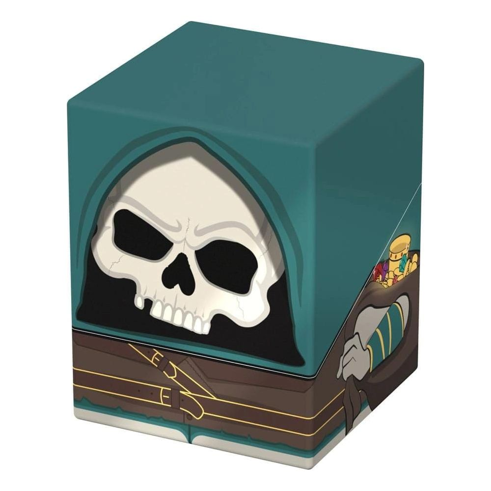 Un cube avec un crâne dans une cape à capuche, rempli de trésors.