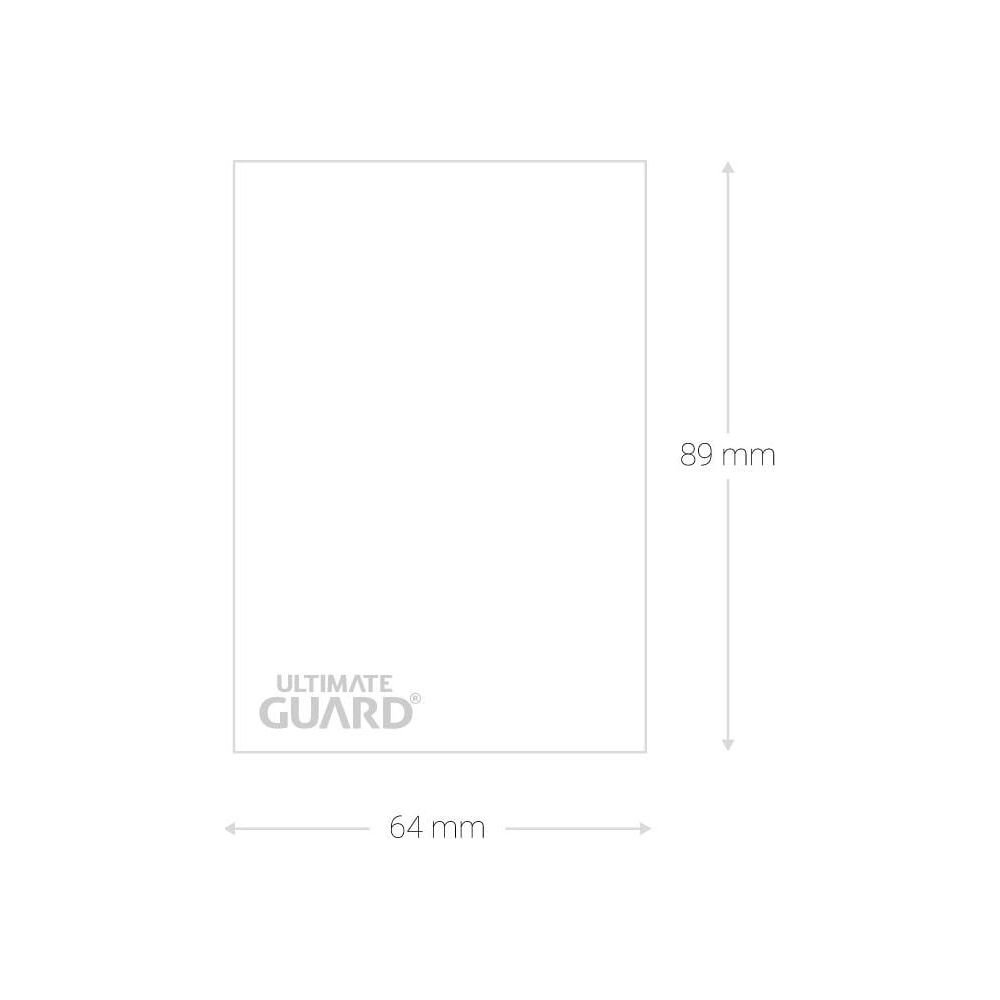Weiße Hülle mit Maßen 64 mm x 89 mm und dem Logo von Ultimate Guard.