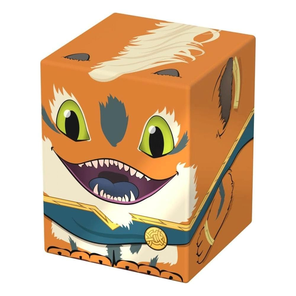Cube orange avec un visage de chat de dessin animé, yeux verts et grand sourire.