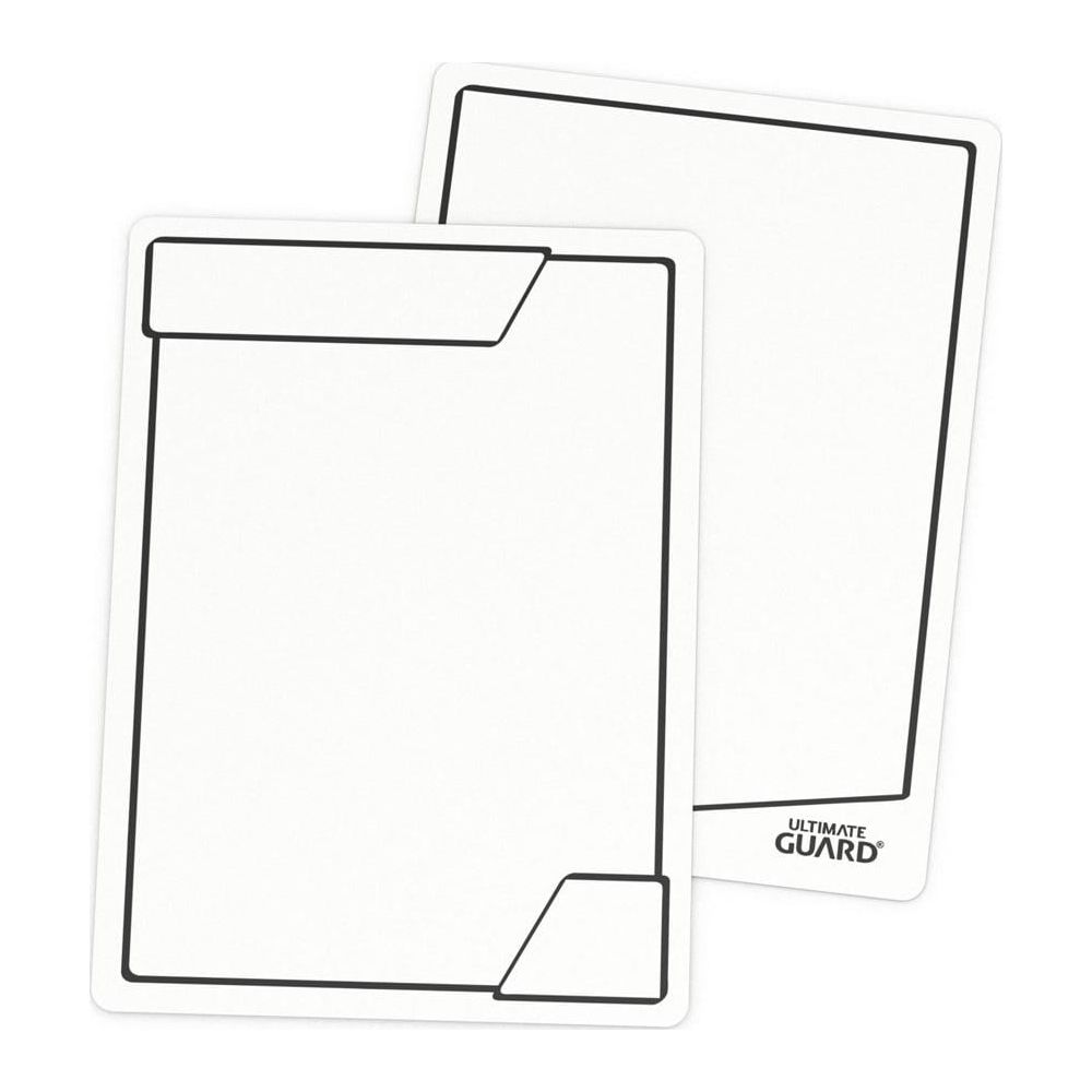 Deux cartes blanches à bordures et coins noirs sur fond blanc.