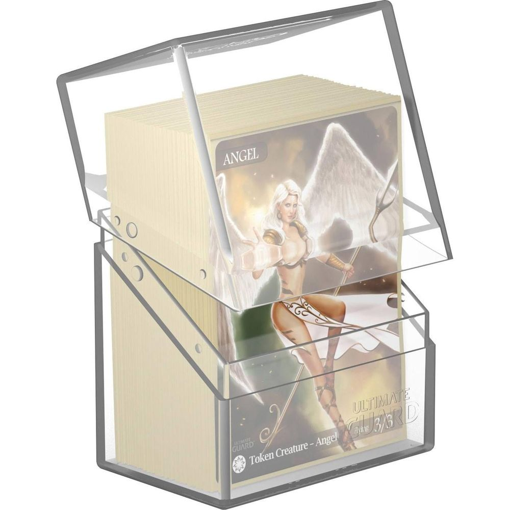 Une boîte à cartes transparente avec illustration d'ange.