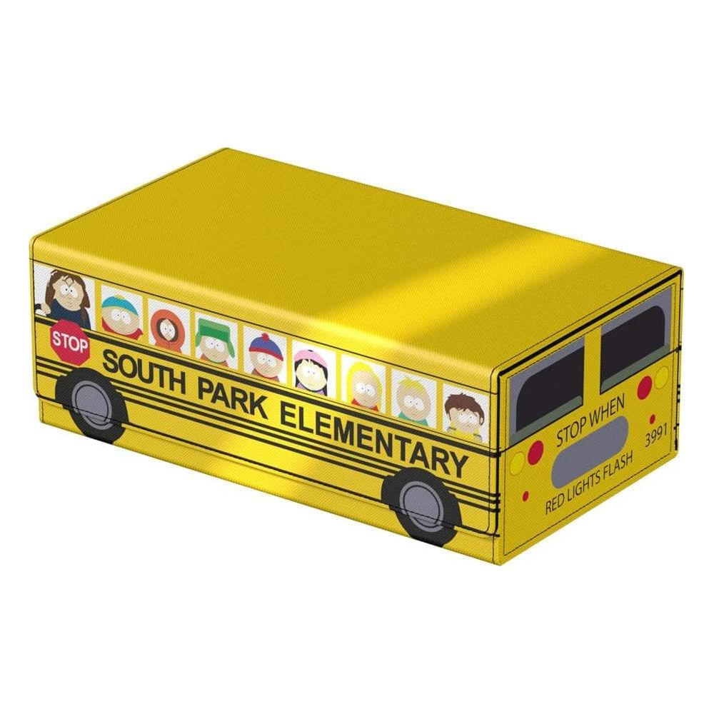 Bus scolaire jaune avec personnages de South Park et nom d'école.
