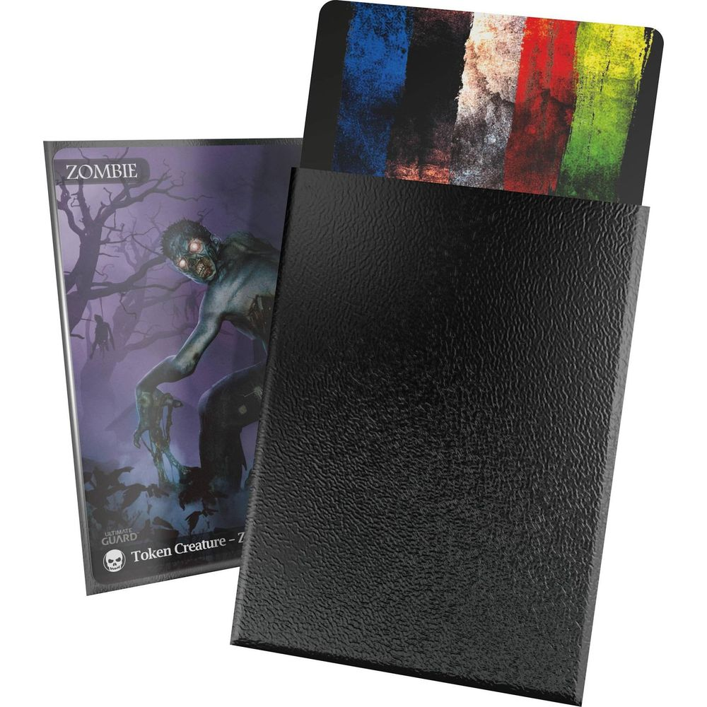 Une carte zombie et un porte-cartes noir. Des rayures colorées sur une carte dépassent.