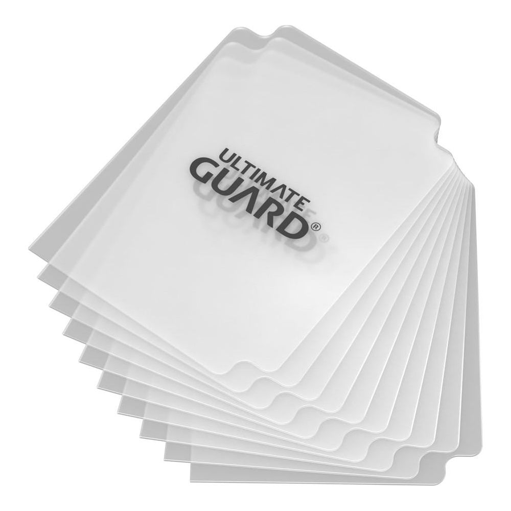 Pile de pochettes transparentes pour cartes avec logo noir Ultimate Guard.