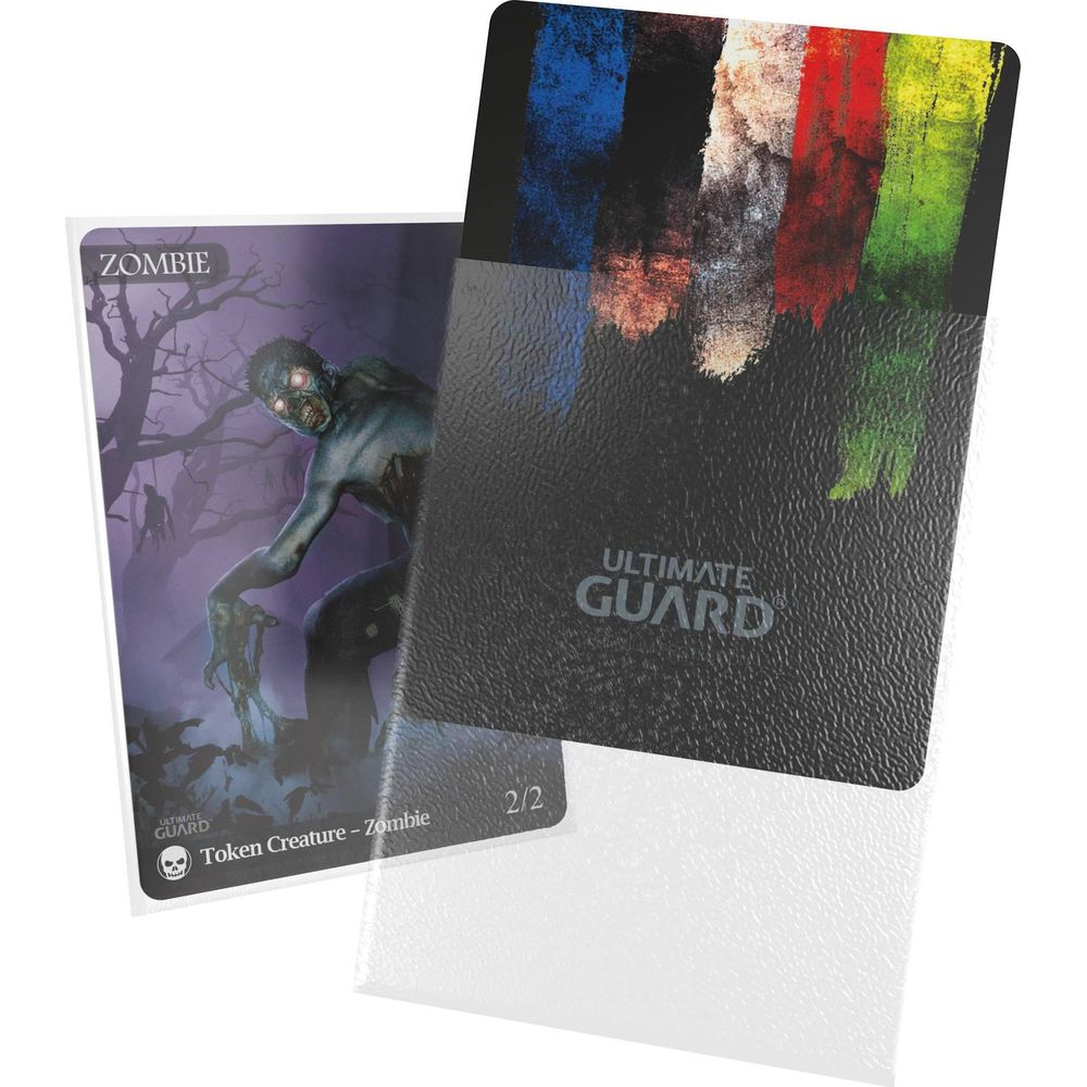 Une carte zombie et une boîte de deck noire Ultimate Guard avec des coups de peinture colorés.