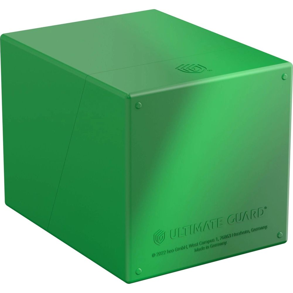 Boîte de rangement verte avec logo et texte.