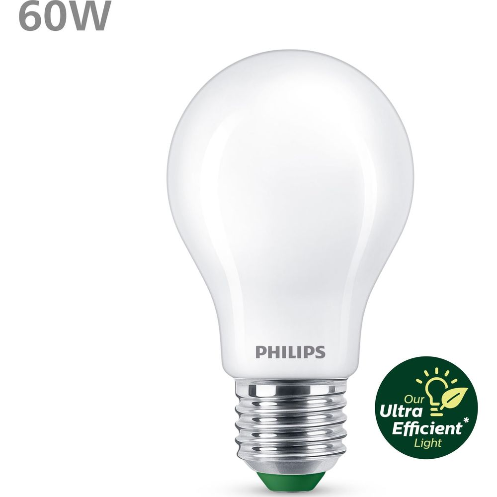 Une ampoule Philips blanche de 60W avec une base verte.