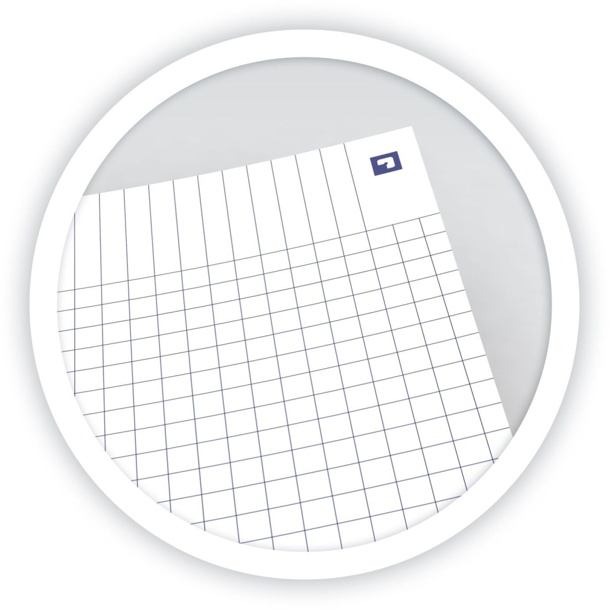 Ein Blatt kariertes Papier mit einem blauen Symbol in der oberen rechten Ecke.