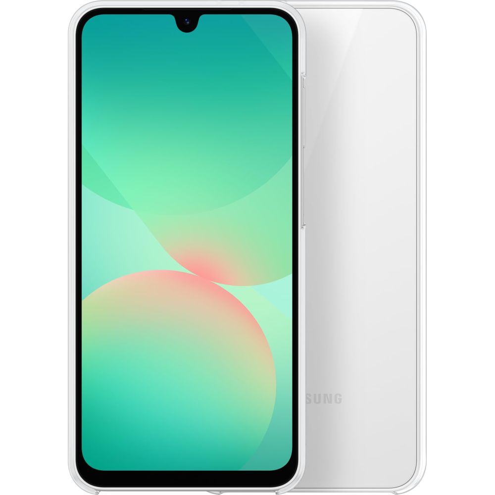 Ein weißes Smartphone mit einem durchsichtigen Gehäuse und einem türkisfarbenen Hintergrund.