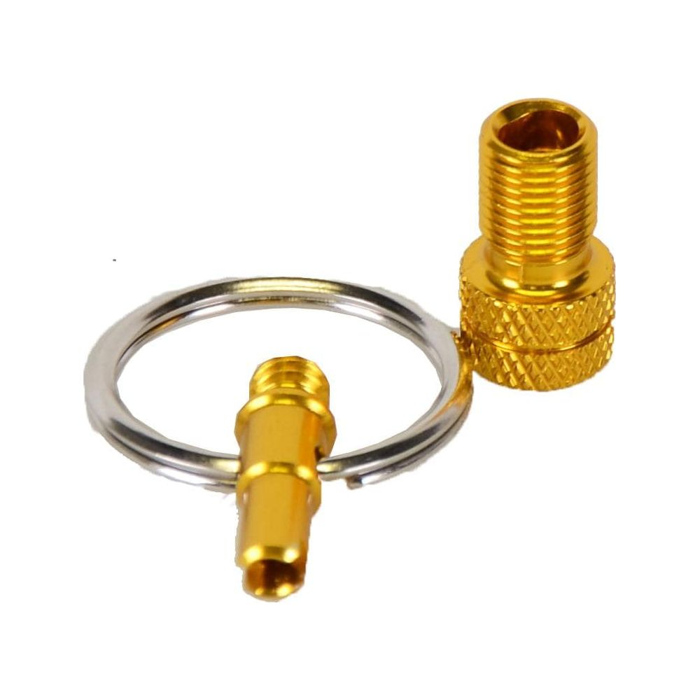 Ein goldener Ventiladapter mit Gewinde und ein Schlüsselring.