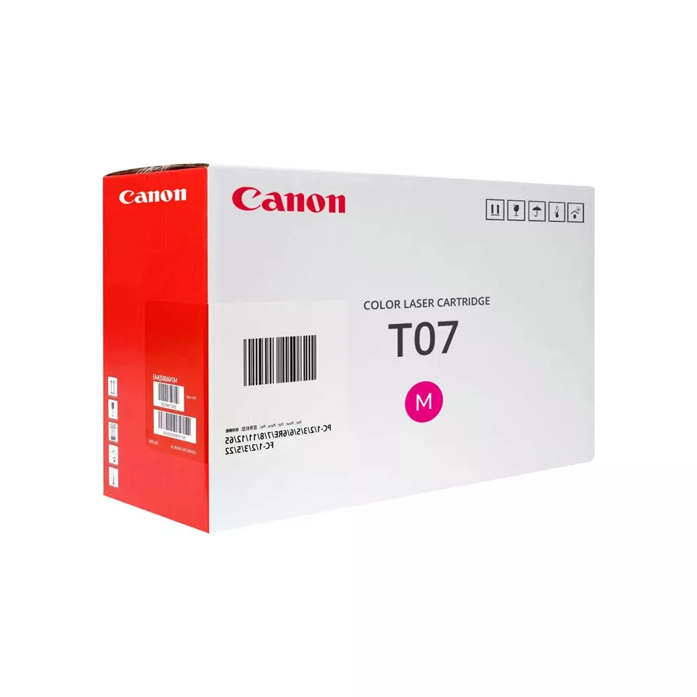 Pudełko z magenta wkładem laserowym Canon T07 z kodem kreskowym i symbolami.
