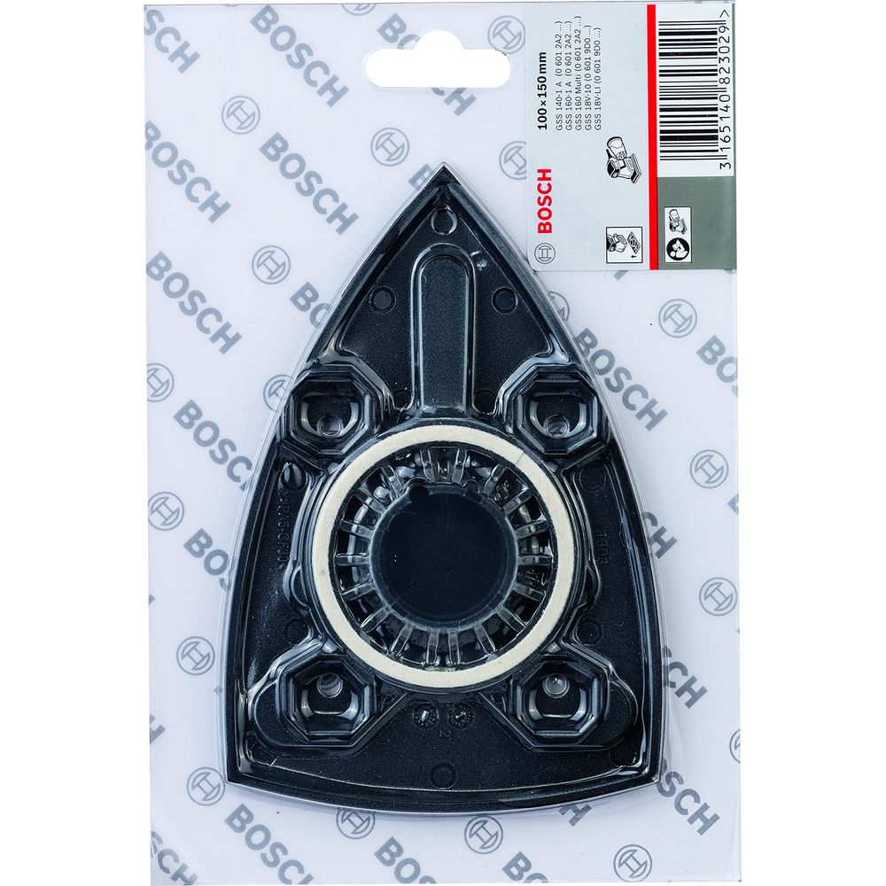 Bosch Schleifplatte, dreieckig, schwarzer Kunststoff mit weißem Ring, in Verpackung.