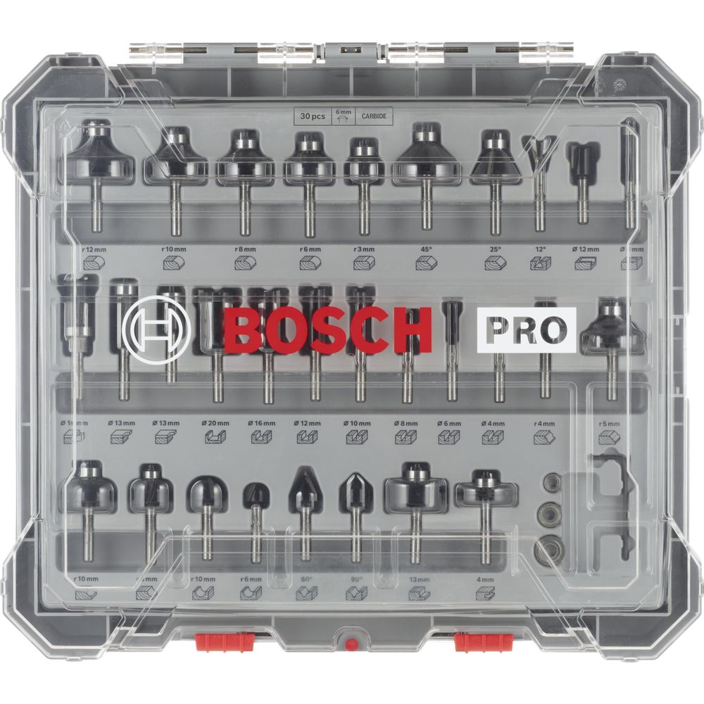 Çeşitli uçlar ve boyutlarda şeffaf kutuda Bosch Pro Router Uç Seti.