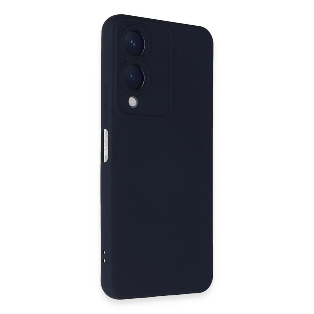 Üç kameralı ve flaşlı lacivert telefon kılıfı. Beyaz arka plan üzerinde.