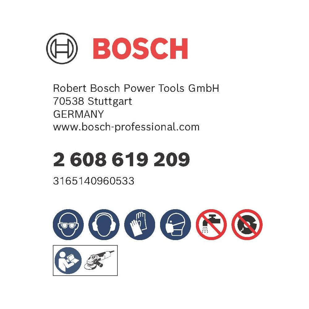 Bosch-Logo, Kontaktdaten und Sicherheitssymbole für Werkzeuge.