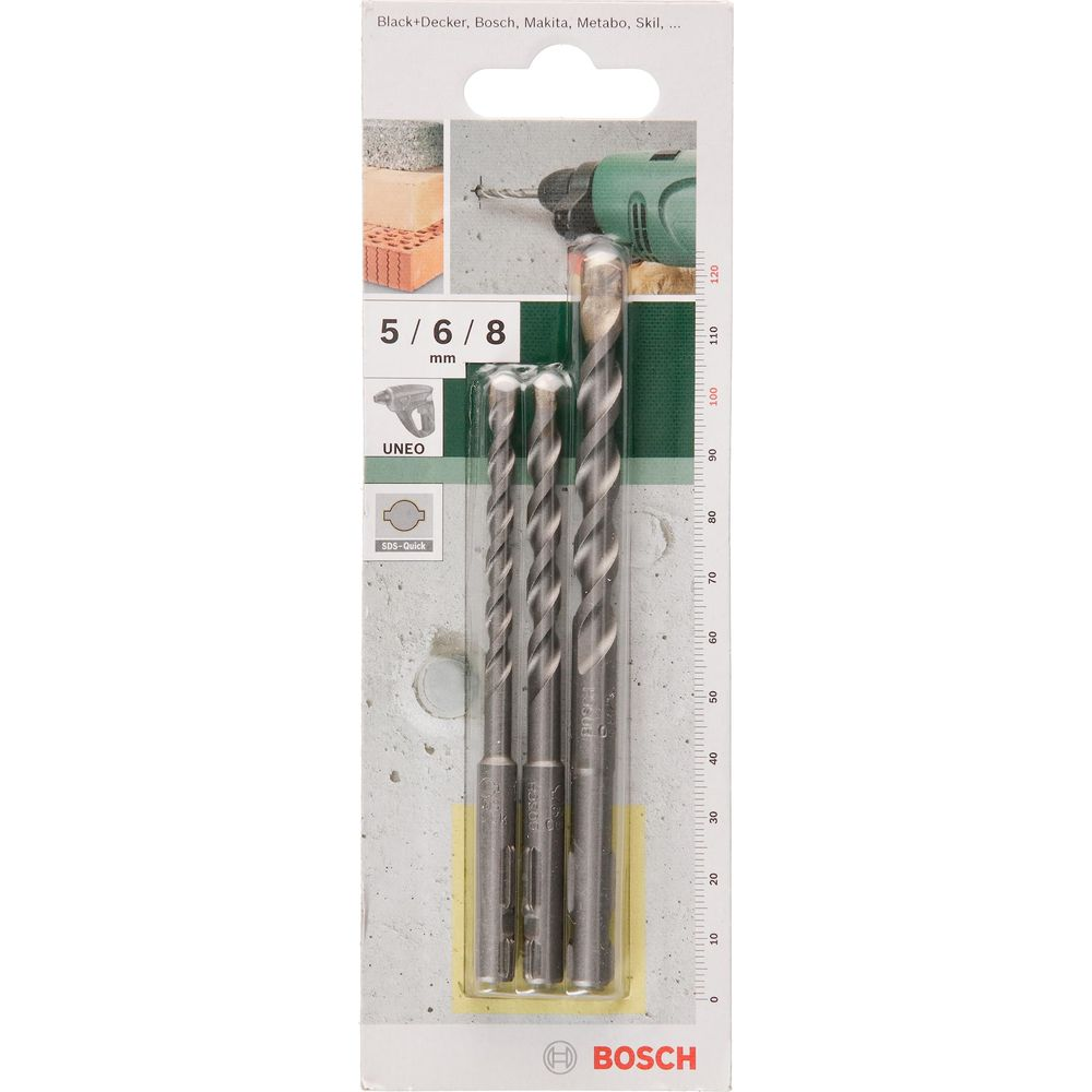 Verpackung mit drei Bosch-Bohrern in Größen 5, 6 und 8 mm.