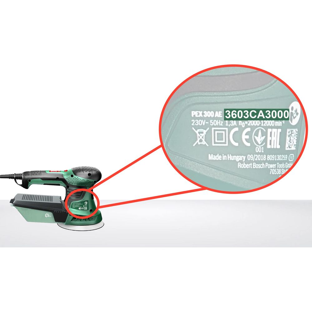 Levigatrice orbitale verde con raccoglipolvere e dettaglio targhetta.