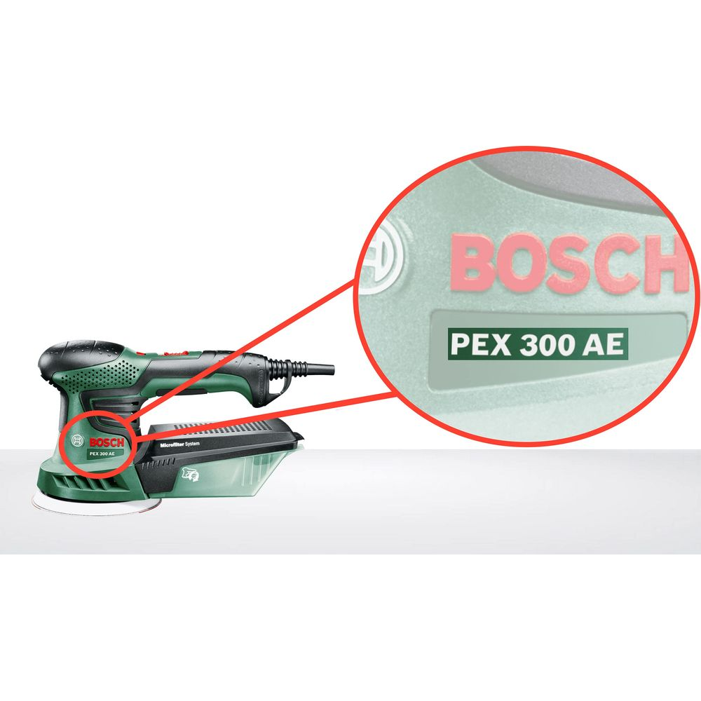 Levigatrice Bosch verde e nera PEX 300 AE con raccoglipolvere.