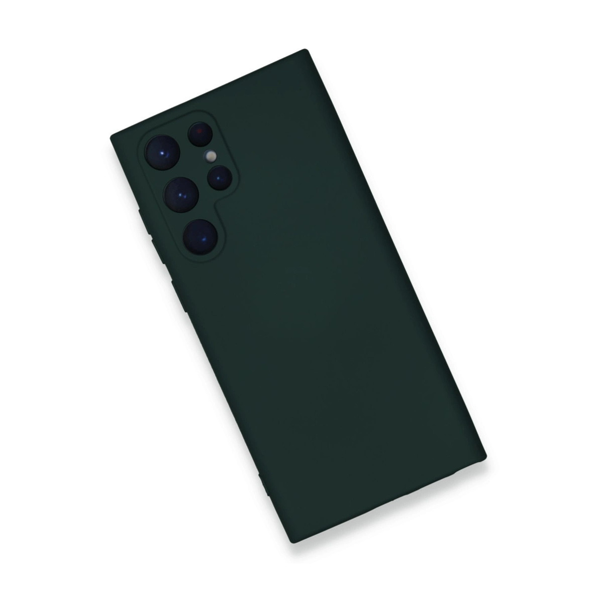 Arkada dört kamera lensli koyu yeşil akıllı telefon, beyaz arka plan üzerinde.