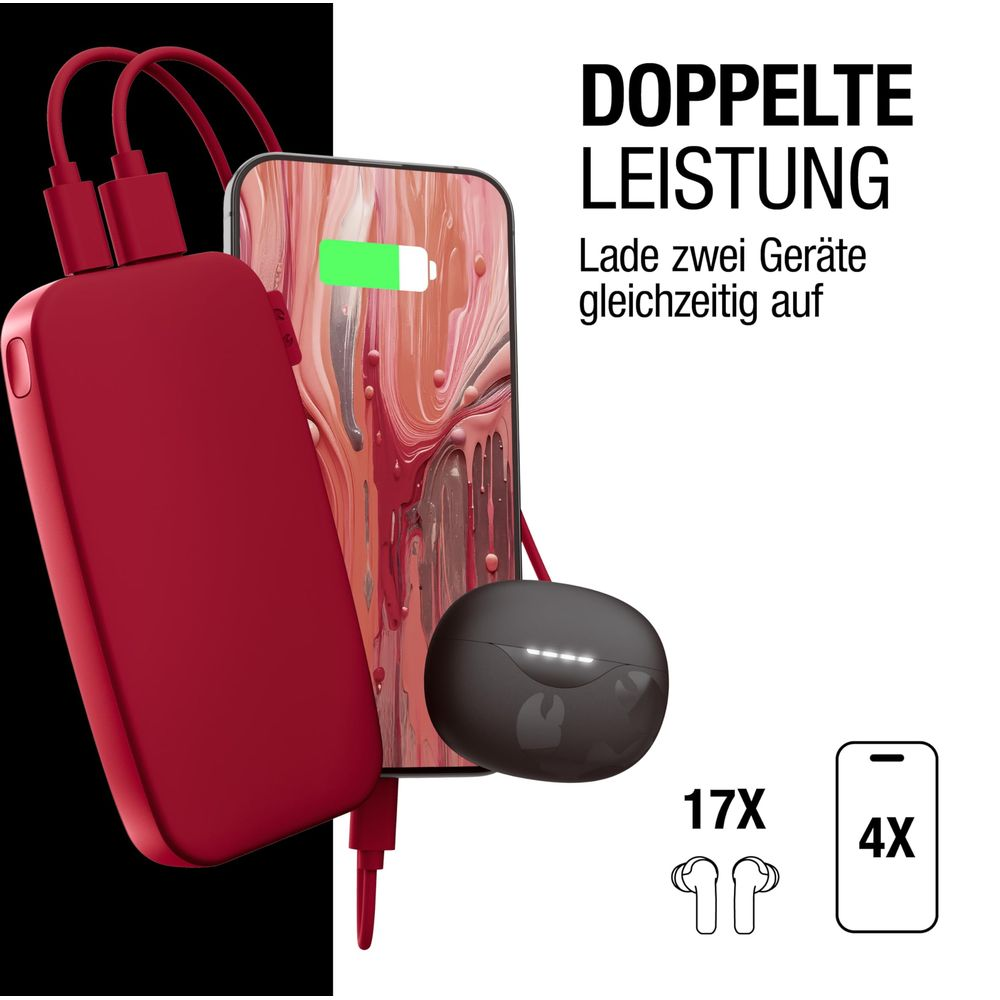 Un power bank rosso carica uno smartphone e auricolari. Testo: Doppia potenza.
