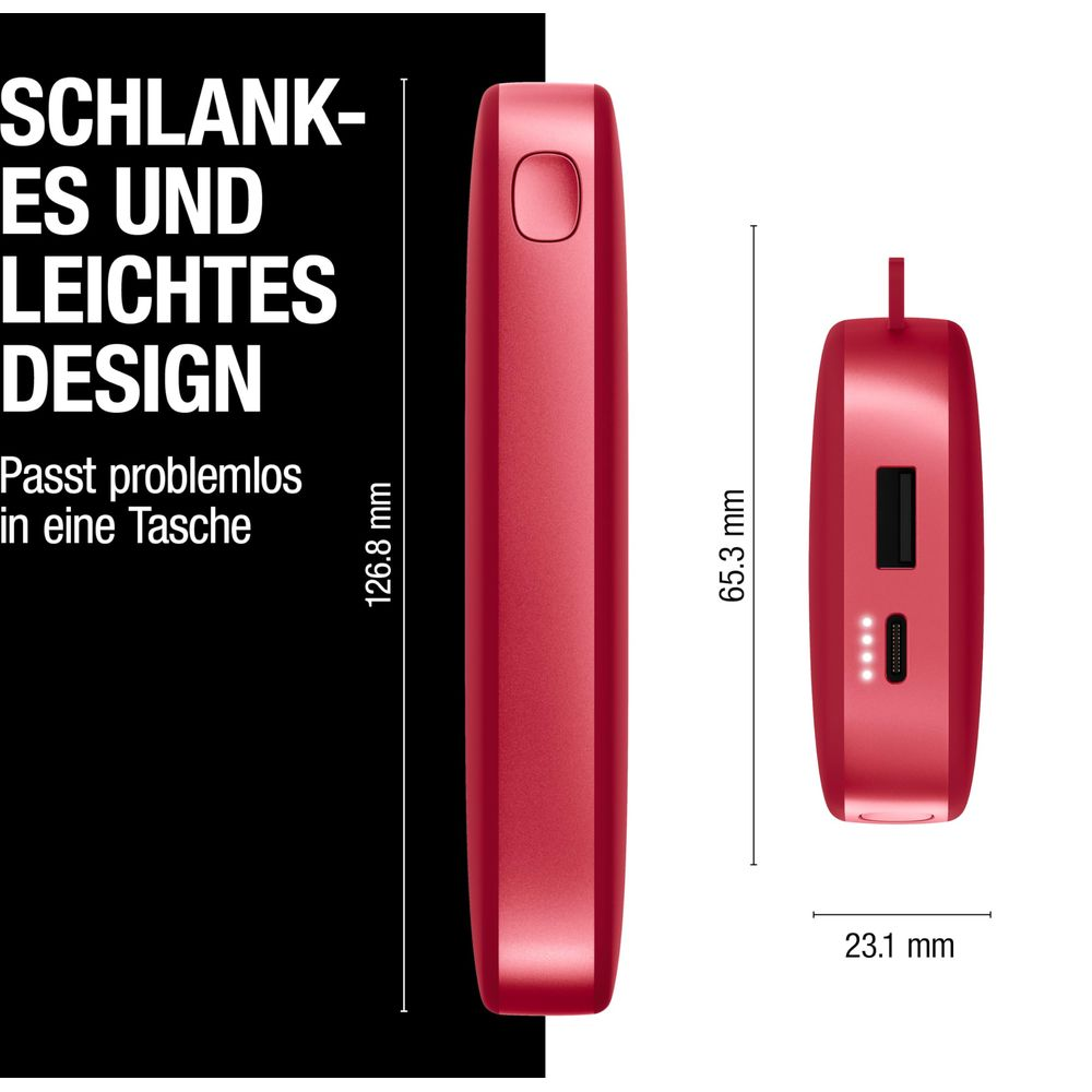 Custodia sottile e rossa per sigaretta elettronica con dimensioni e porta USB.