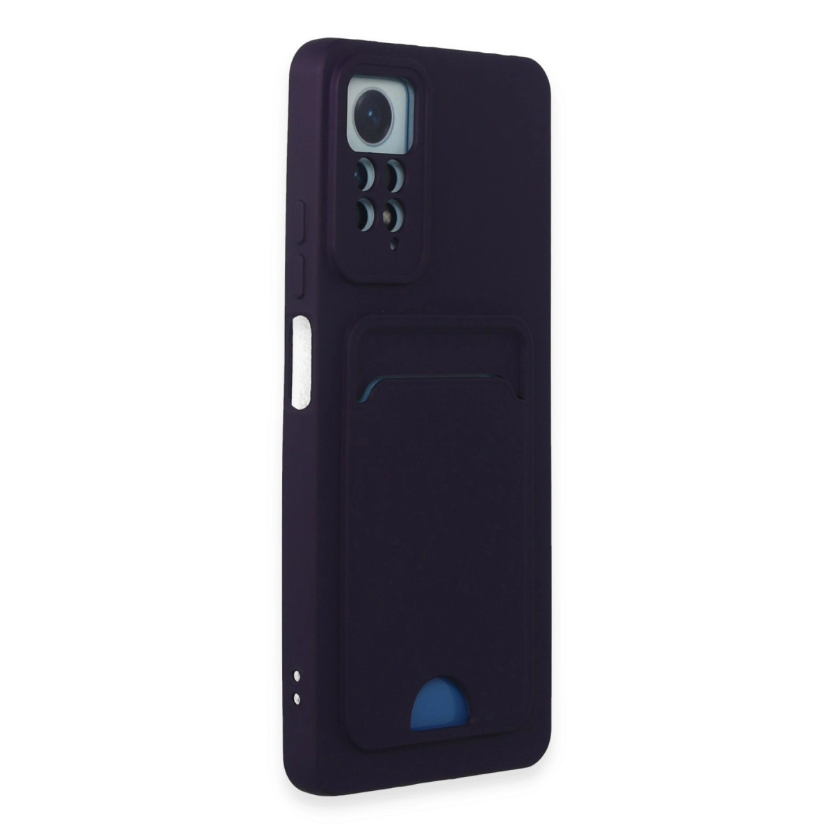Koyu mor telefon kılıfı kart yuvası ve kamera kesiği ile.